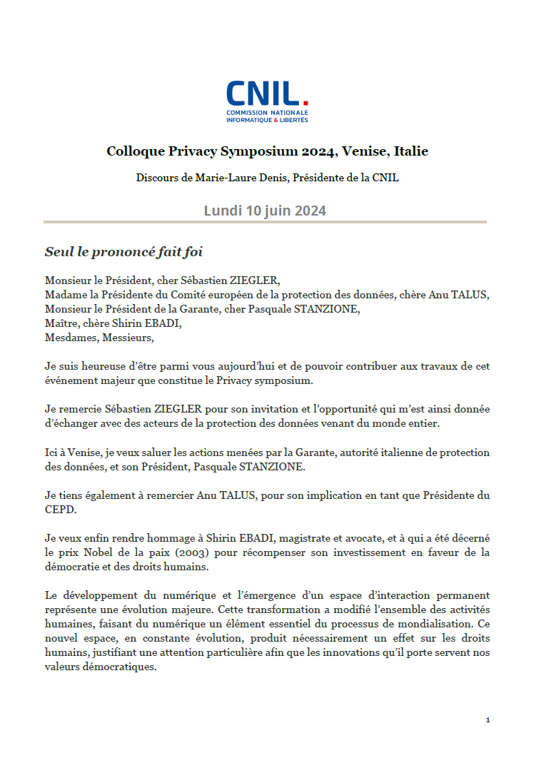 Colloque Privacy Symposium 2024 - Discours de Marie-Laure Denis, Présidente de la CNIL
