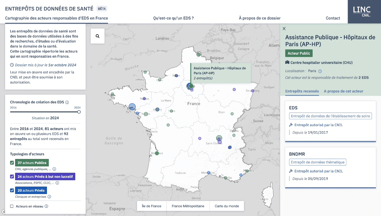 Capture d’écran de l’outil cartographique présentant la carte de France et la répartition des entrepôts de données de santé en France. L’outil est composé d’une colonne d’informations sur la carte ; sur la droite une autre colonne décrivant les entrepôts de l’acteur sélectionné pour l’exemple. 