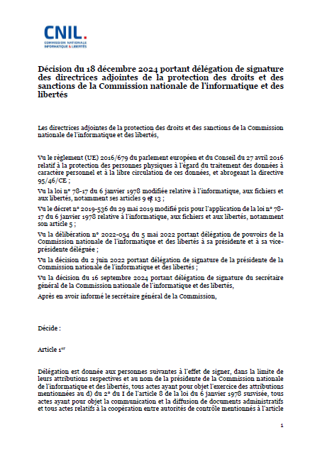 Décision du 18 décembre 2024 portant délégation de signature des directrices adjointes de la protection des droits et des sanctions de la Commission nationale de l’informatique et des libertés