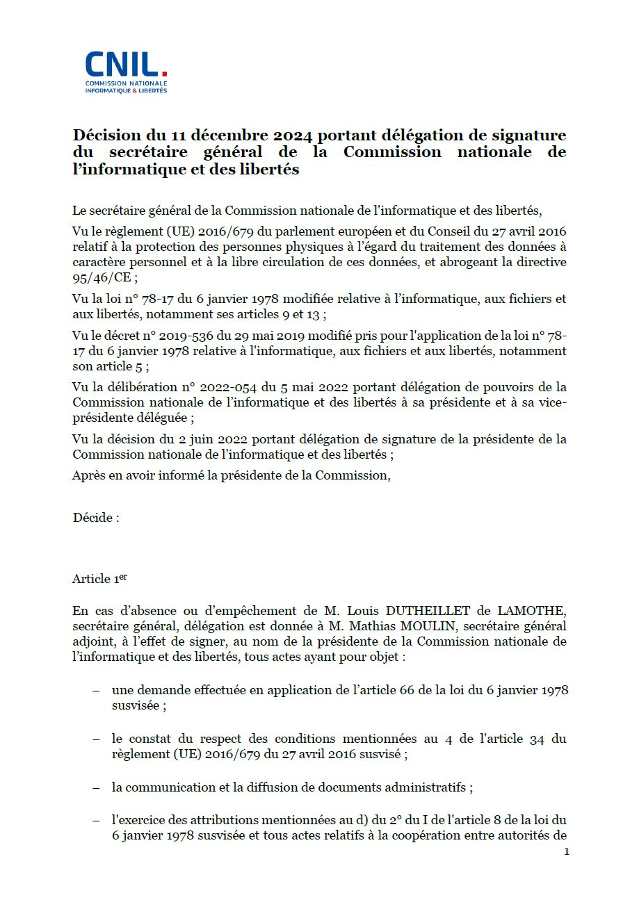 Décision du 11 décembre 2024 portant délégation de signature du secrétaire général de la Commission nationale de l’informatique et des libertés