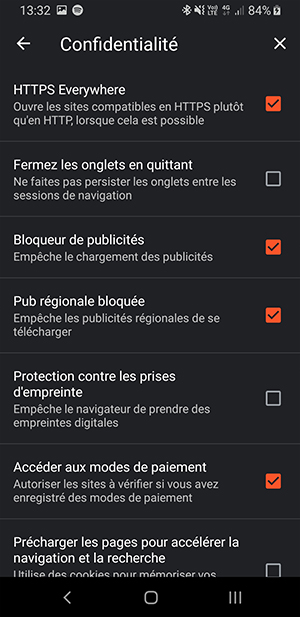 Brave mobile - gestion de la vie privée