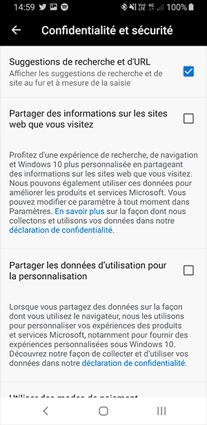 Edge mobile - gestion de la vie privée