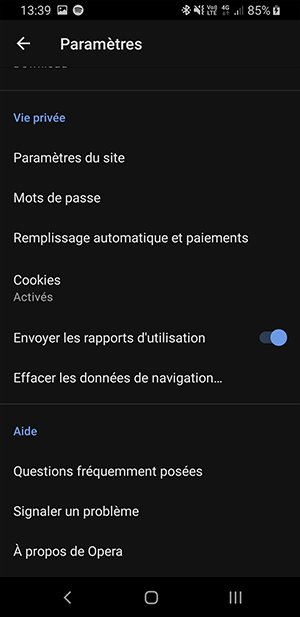 Opera mobile - gestion de la vie privée