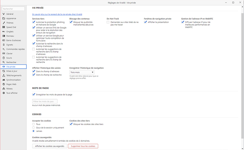 Vivaldi - Gestion de la vie privée