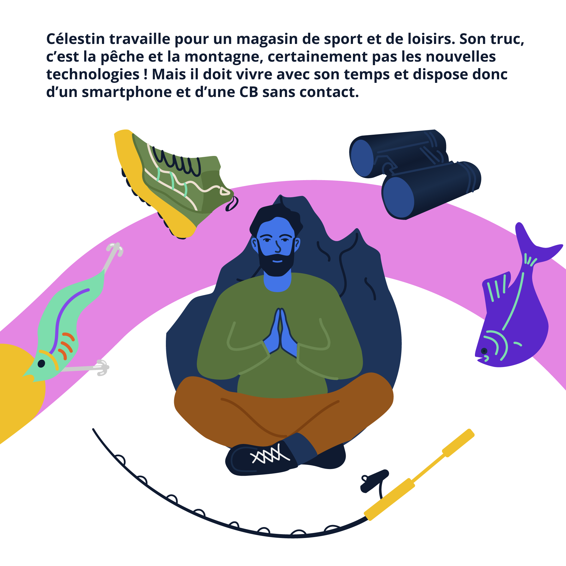 Illustration et texte : Célestin travaille pour un magasin de sport et de loisirs. Son truc, c’est la pêche et la montagne, certainement pas les nouvelles technologies ! Mais il doit vivre avec son temps et dispose donc d’un smartphone et d’une CB sans contact.