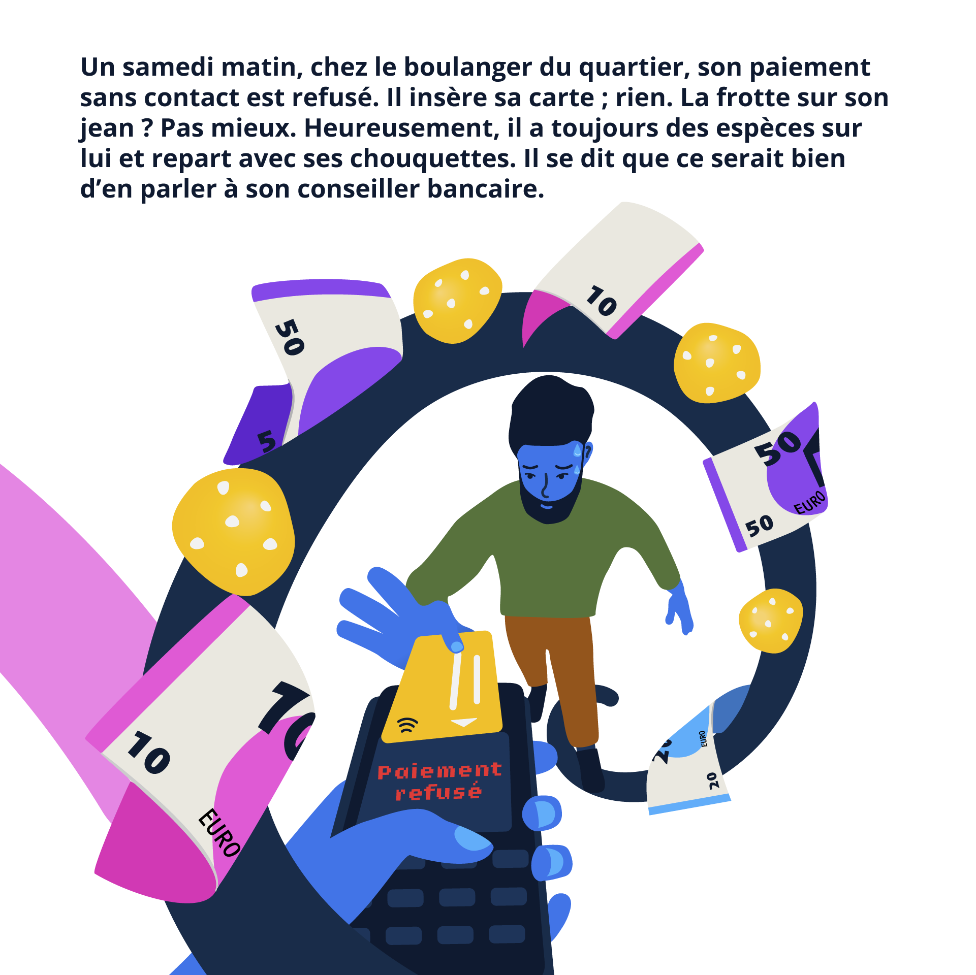 Illustration et texte : Un samedi matin, chez le boulanger du quartier, son paiement sans contact est refusé. Il insère sa carte ; rien. La frotte sur son jean ? Pas mieux. Heureusement, il a toujours des espèces sur lui et repart avec ses chouquettes. Il se dit que ce serait bien d’en parler à son conseiller bancaire.
