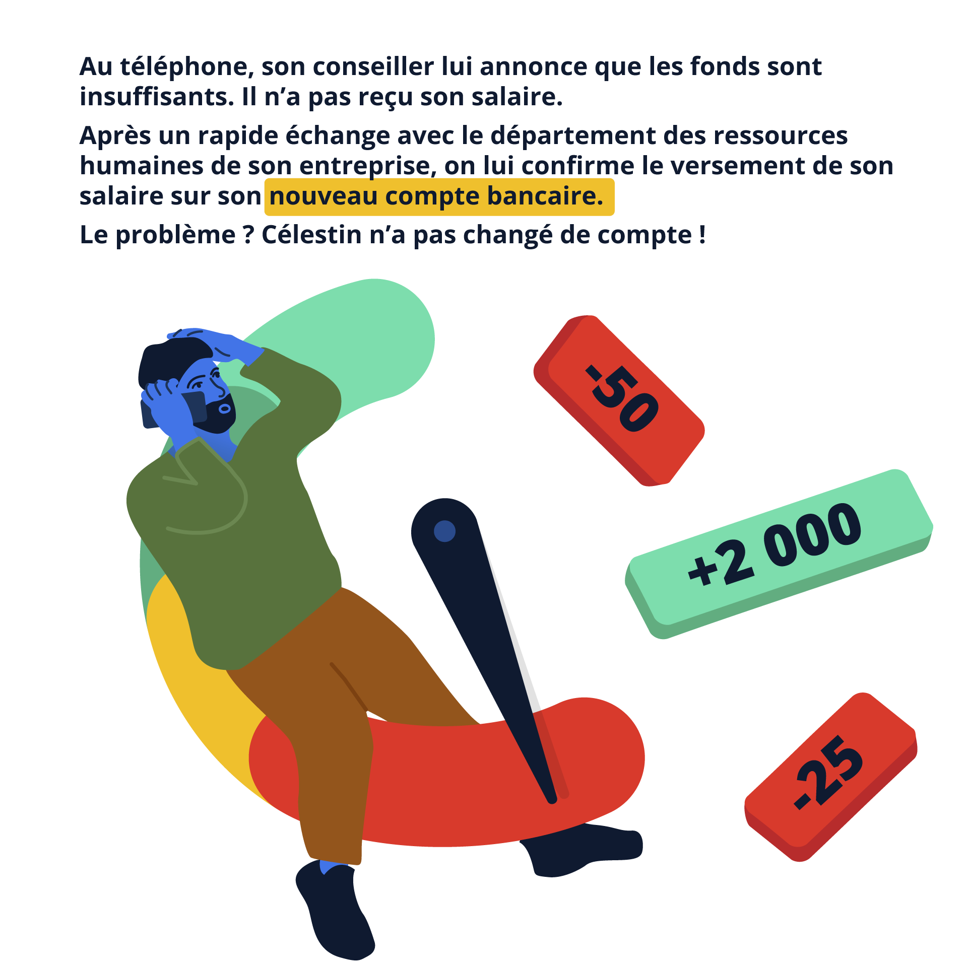 Illustration et texte : Au téléphone, son conseiller lui annonce que les fonds sont insuffisants. Il n’a pas reçu son salaire. Après un rapide échange avec le département des ressources humaines de son entreprise, on lui confirme le versement de son salaire sur son nouveau compte bancaire. Le problème ? Célestin n’a pas changé de compte !