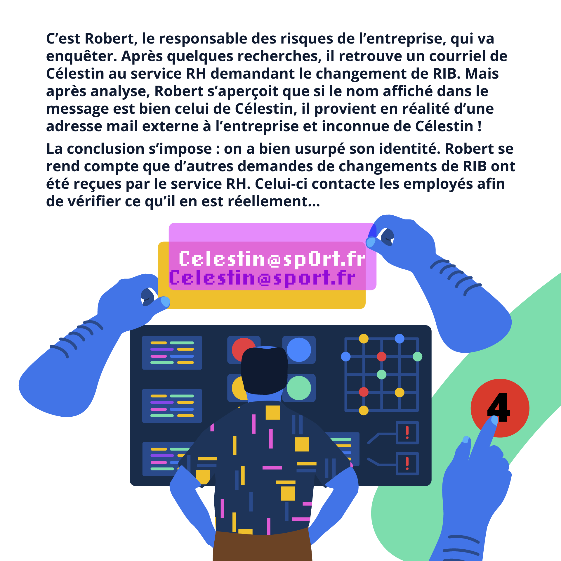 Illustration et texte : C’est Robert, le responsable des risques de l’entreprise, qui va enquêter. Il retrouve un courriel de Célestin au service RH demandant le changement de RIB. Robert s’aperçoit que si le nom affiché dans le message est bien celui de Célestin, il provient en réalité d’une adresse mail externe à l’entreprise et inconnue de Célestin ! On a bien usurpé son identité. Robert se rend compte que d’autres demandes de changements de RIB ont été reçues par le service RH.