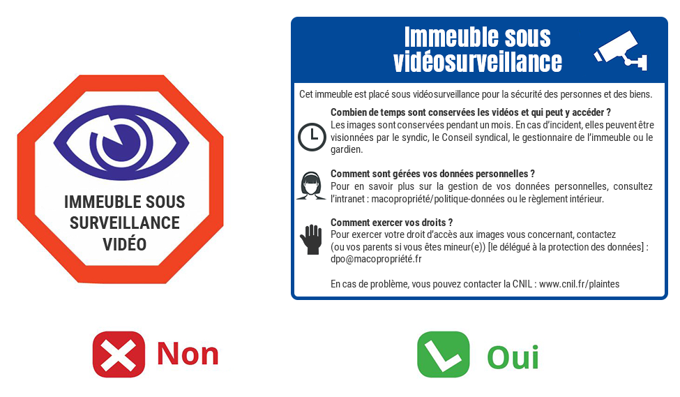 Les mentions à faire apparaître sur un panneau d'information : Pas uniquement 'Immeuble sous surveillance vidéo'. Mais aussi : 'Cet immeuble est placé sous vidéosurveillance pour la sécurité des personnes et des biens. Les images sont conservées pendant un mois. En cas d'incident, elles peuvent être visionnées par le Conseil syndical, le gestionnaire de l'immeuble ou le gardien. Pour en savoir plus sur la gestion de vos données personnelles, consultez l'intranet : macopropriété/politique-données ou le règlement intérieur. Pour exercer votre droit d'accès aux images vous concernant, contactez (ou vos parents si vous êtes mineur) le délégué à la protection des données en écrivant à dpo@macopropriété.fr En cas de problème, vous pouvez contacter la CNIL sur cnil.fr/plaintes