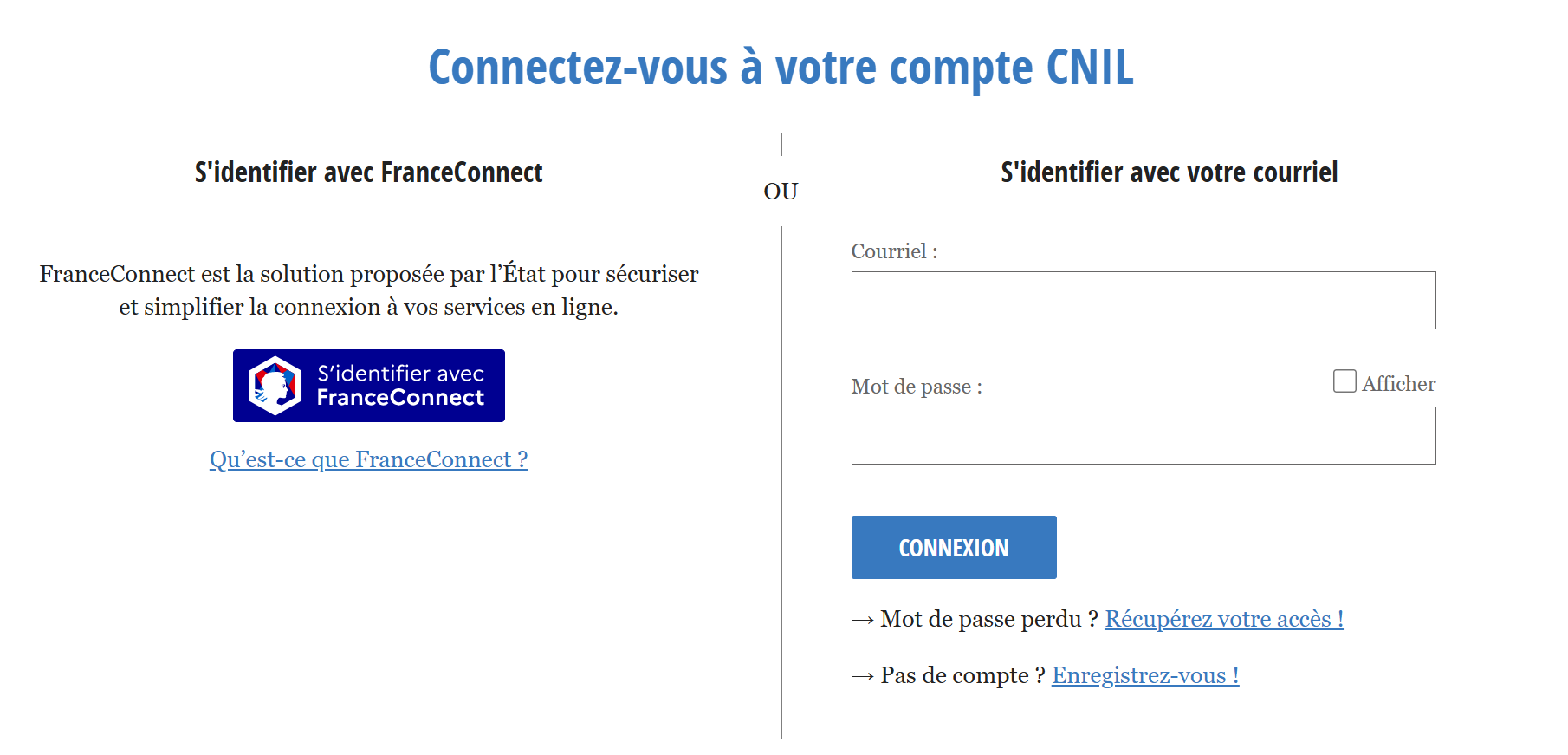 Capture d'écran du portail de connexion Ma CNIL