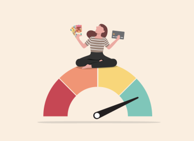 Illustration d'une femme en posture de méditation et tenant dans ses mains des billets de banque et une carte de crédit, sur une jauge allant du rouge au vert