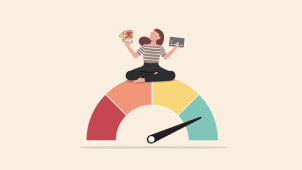 Illustration d'une femme en posture de méditation et tenant dans ses mains des billets de banque et une carte de crédit, sur une jauge allant du rouge au vert