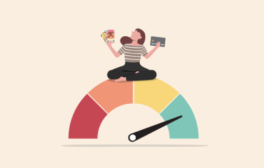 Illustration d'une femme en posture de méditation et tenant dans ses mains des billets de banque et une carte de crédit, sur une jauge allant du rouge au vert
